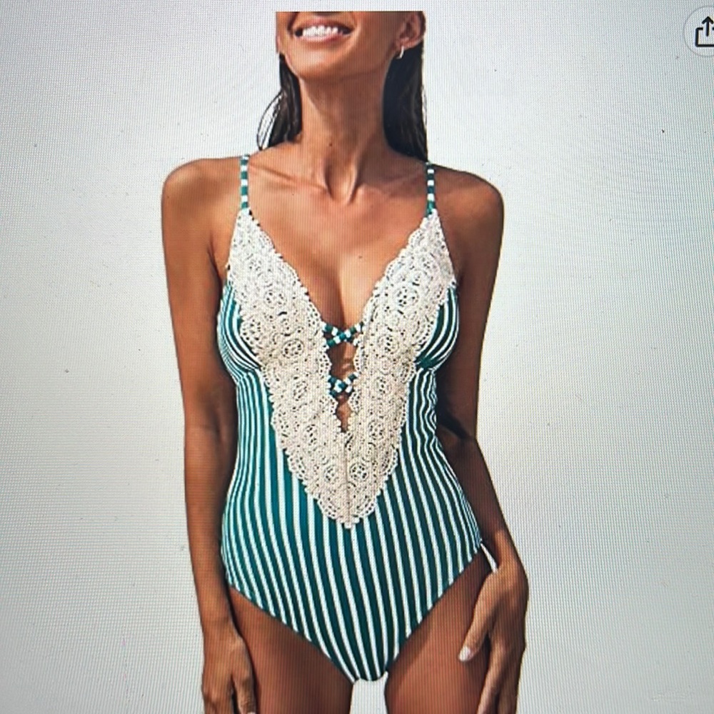 -Green and White CUPSHE striped one piece vintage lace v neck cutout swimsuit